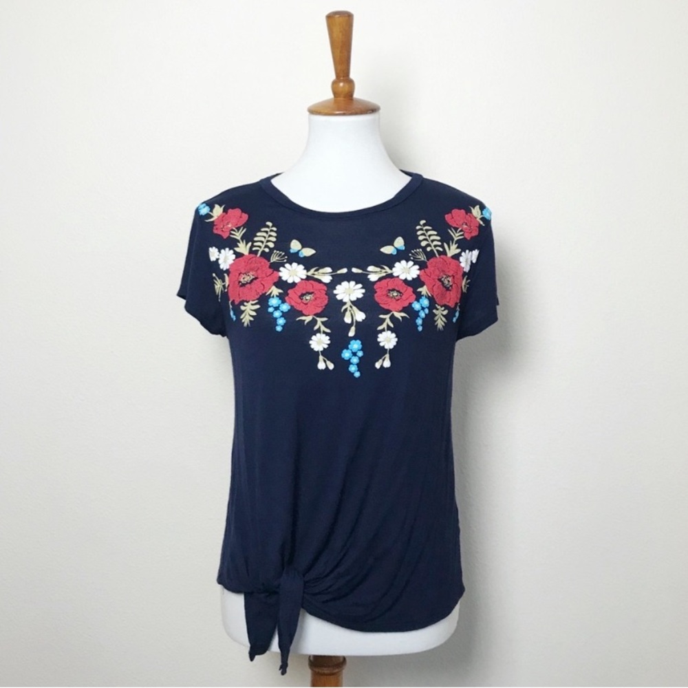 Four Girlz Boho Cottagecore Blue Floral Short Sleeve Knot Tee Women’s Sz Small